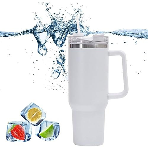 FYEZON 40 oz Doppelwandiger Edelstahl Thermobecher mit Strohhalm,1200ml Tumbler Griff und Strohhalm,Vakuum Isolierbecher Becher, Autobecher Reisebecher Für Kalte Heiße Getränke (Weiß)