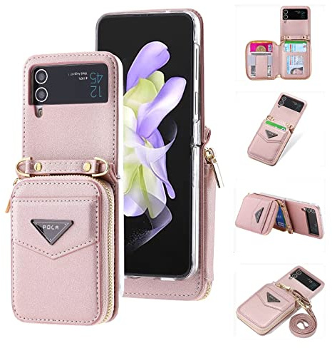 ESONG Coque pour Samsung Galaxy Z Flip 3 avec cordon,Cuir PU de portefeuille etui avec Fente pour Carte/support,Antichoc Protecteur Crossbody Housse,Protection téléphone Case Cover pour fille-Rose