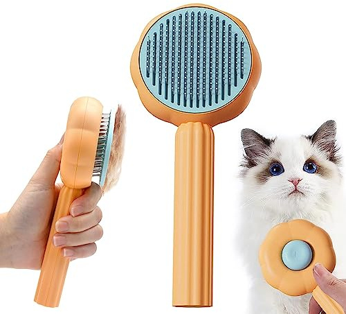 Exsbtay Selbstreinigende Bürste zum Enthaaren, Clean Pet Hair with One Click, Reinigungsbürste für Tierhaare, Haustier Hundebürste Katzenbürste, Geeignet für Kurzes, Langes, Lockiges Haar (Orange)
