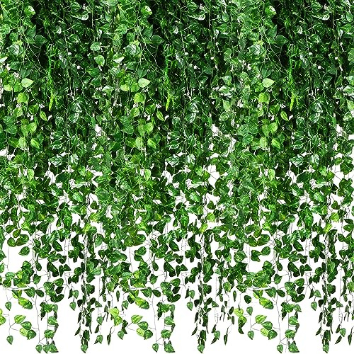 Yuxung 200 Pcs 1444ft Fake Vines Bulk Artificial Ivy Garland Greenery Hanging Vines Plants Green Leaves for Bedroom Wedding Garden Home Wall Jungle Themed Party Decorations