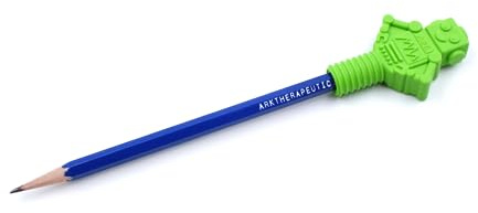 ARK® Beiß- und Kauaufsatz für Stifte in verschiedenen Stärken und Formen + Bleistift - Sensory Kauaufsatz, Beißblock, Kauen, Zahnen (mittel, lindgrün, Roboter)