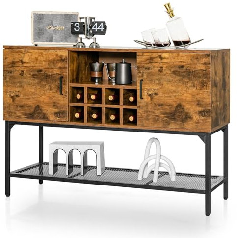 KOMFOTTEU Küchenschrank Sideboard, Buffetschrank mit weinregal & Türschränken, Beistellschrank Küchenkommode aus Holz Metallstütze, Konsolentisch Aufbewahrungsschrank 120x40x85cm Industriestil