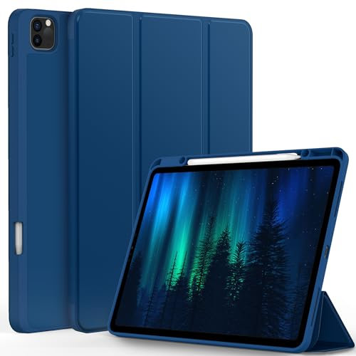 EasyAcc Hülle Kompatibel mit iPad Pro 12.9 Zoll 6./5./4./3 Generation (Modell 2022/2021/2020/2018) mit Stifthalter, TPU Flexible Rückseite mit Standfunktion - Meerblau