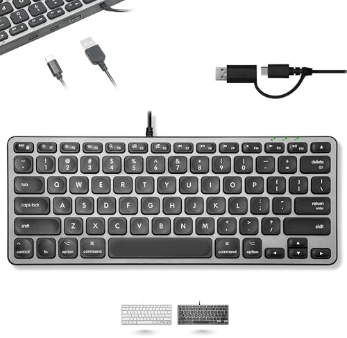 Macally Kabelgebundene Tastatur für Mac mit USB Hub (2X USB-C / 1x USB-A) - Kompatible kleine Apple Tastatur mit 2 in 1 USB Stecker - Sparen Sie Platz mit einer USB C Tastatur für Macbook Pro/Air, Mac
