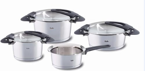 Fissler Intensa/Edelstahl-Topfset, 4-teilig, Töpfe mit Metall-Deckel (2 Kochtöpfe, 1 Bratentopf, 1 Stielkasserolle-deckellos) - Induktion