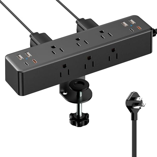 Flat Plug Desk Clamp Power Strip 10FT, 40W Total Fast Charging Station, Dual PD 20W USB C Ports, Desk Edge Mount Power Strip 9 AC Outlets 8 USB Ports(4 USB C) Surge Protector, Fit 1.7 Tabletop Edge