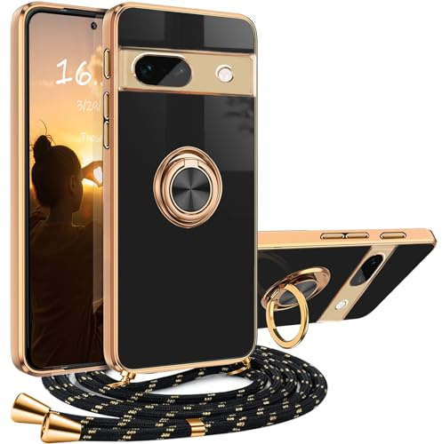 XCYYOO Chaîne de téléphone portable pour Google Pixel 8A - Coque de protection avec bande - Avec chaîne - En silicone galvanisé - Anti-chocs - Avec anneau de support