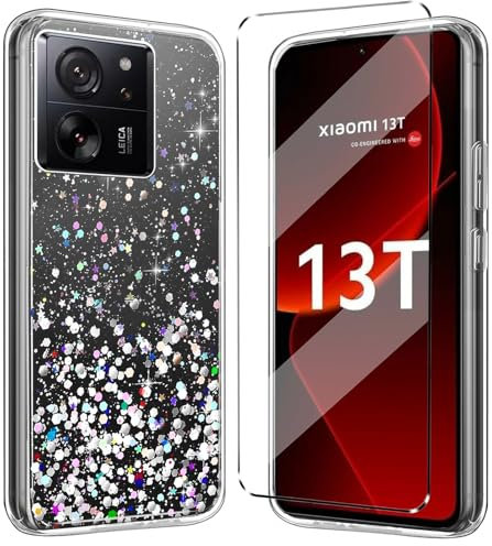 HuiYouMY Funda Glitter Bling con Cristal Templado 1Pcs Protectora Capa Compatible with Xiaomi 13T/13T Pro Antigolpes Fundas Carcasa Silicona Funda de Móvil Cristal antirotura Clear