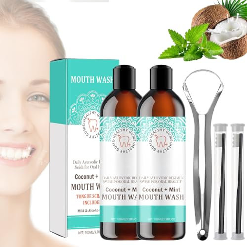 Coconut Mint Mouthwash,Coconut Pulling Oil,Coconut Oil Pulling for Teeth Whitening,Natural Coconut & Peppermint Oil Mouthwash with Tongue Scraper (2pcs)