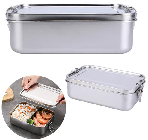 Stainless Steel Lunch Box, 1400ML Bento Box with Lock Clip, 2 Compartments, Leak-Proof, Portable Food Storage Container for Salad Sandwich, Lunchbox for Adults Kids Travel School Work