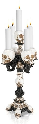 Calavera Candelabros para Velas con 5 Brazos, Gótico Halloween Estatua de Resina Portavelas, Decorativa Calavera Negro para Velas Esqueletos Inicio Dormitorio Salón Fiesta Cementerio （1PC 5 Brazos）