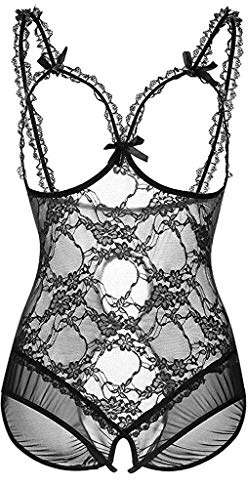 lingerie sexy femme coquine hot body sexy femme érotique ouvert entrejambe sein nu teddy bodysuit femme dentelle dos nu transparent justaucorps combinaison sous vetements feminins (Black, XL)