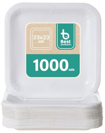 BEST PRODUCTS 1000 Platos Desechables | Cartón Ecológicos Biodegradables Compostables y Reciclables | Para Fiestas Cumpleaños Comuniones o Eventos | Cuadrados Llanos 23x23cm