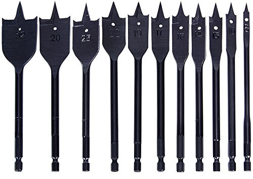 Spade Drill Bit Set, Wood Drill Bits for Use With Drills, Drivers and Hand Braces, Pack of 11