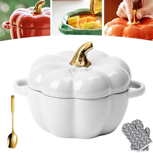 Vgpbphj Ensemble de bols en céramique avec couvercle et poignée, 425,2 g, ramequins en forme de citrouille avec couvercles, pot de rangement décoratif pour Thanksgiving, Halloween (blanc)