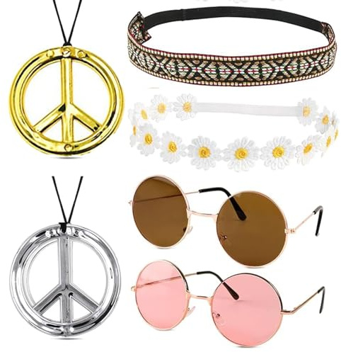 PVFZXS 6 Stück Hippie Accessoires, Hippie Kleidung Damen, 2x Peace Ketten, 2x Haarband - Kostüm Accessoires Für 60er, 70er Jahre Outfit Damen Und Herren, Ostergeschenke