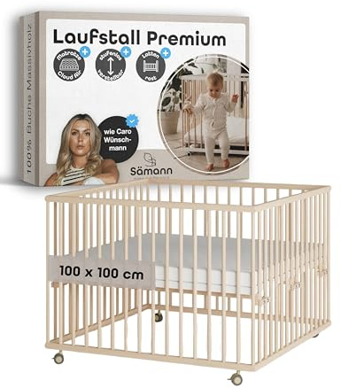 Sämann Laufstall Baby mit Matratze Cloud Air & Lattenrost | stufenlos höhenverstellbar | Laufgitter Premium | Babybett aus Holz | Krabbelgitter (natur, 100x100 cm)