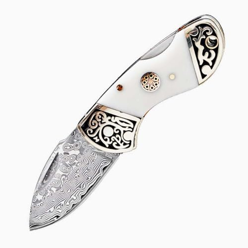 Joa Damast Klappmesser Tanto EDC Taschenmesser Klein | Damaststahl, Knochen-Griff, Faltbar, Camping & Outdoor & Survival & Jagd, Geschenk für Männer