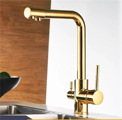 DMMFTERL Filter Deck Mounted Mixer Tap 360 Rotation with Water Purification Features Mixer Tap for Kitchen Golden