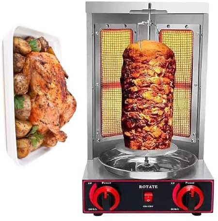 Machine à Kebab à Gaz Verticale Portative En Acier Inoxydable Avec Plateau, Machine à Griller Gyroscopique à Kebab à Rotation Commerciale Pour Restaurant, Maison, Jardin,Silver-110V
