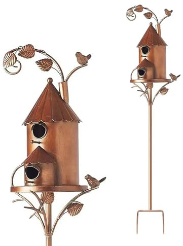 Bird House Stakes for Outside with Pole,Distressed Metal Birdhouse Stand,Metal Wild Bird Feeder,Metal Bird House Stake Birdhouses for Patio, Backyard, Garden (A)