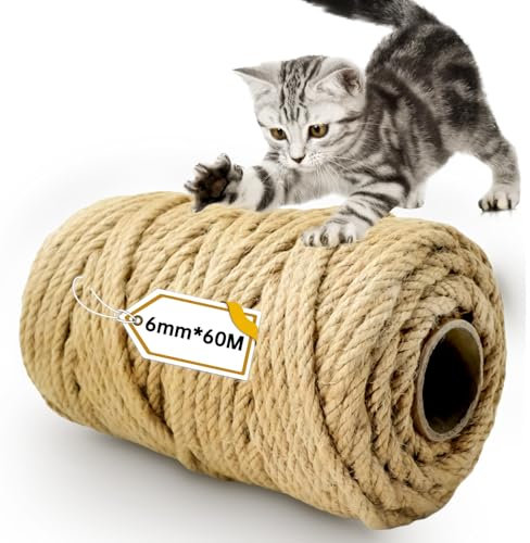 Corda per Tiragraffi per Gatti in Canapa Sisal 6mm X 60m - Spago per Decorazioni e Riparazione Sostituzioni
