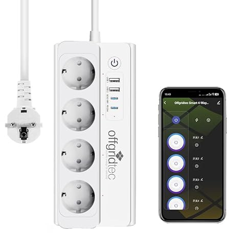 Offgridtec presa multipla WiFi smart (1 pz), 4 prese + 2 USB-A e 2 USB-C, controllo app Smart Life/Tuya, monitoraggio energia in tempo reale, compatibile Alexa/Google, 16A/3680W, cavo 1,5 m
