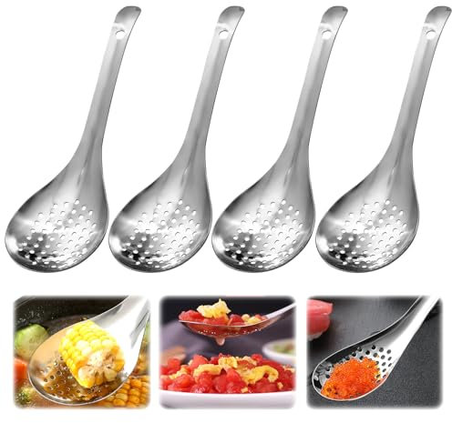 4 Stück Kaviar Löffel Edelstahl, Kaviar Löffel für Suppe Silbrig, Löffel mit Löchern,Langlebig, Schlitzlöffel Edelstahl Rostfrei Poliert, Kaviarlöffel Sieb für Buffet Party Bankett Kochen Küche