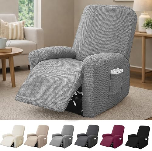 Hengrongshen 1-Sitzer Sessel Überzug, Sesselbezuge Stretch mit Taschen, All-Inclusive Streifen-Jacquard Sesselschoner für Fernsehsessel Relaxsessel Sesselhusse (Hellgrau, 4-Teilig)