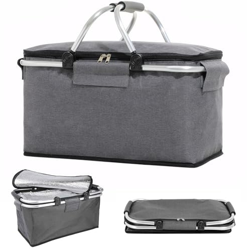 MriiVox Kühlkorb Einkaufskorb 18,5L, Faltbarer Picknickkorb, Isolierter Einkaufskorb mit Aluminiumrahmen, Kühltasche aus Oxford-Gewebe mit Reißverschluss, Thermotasche für Camping, Ausflug, Einkaufen