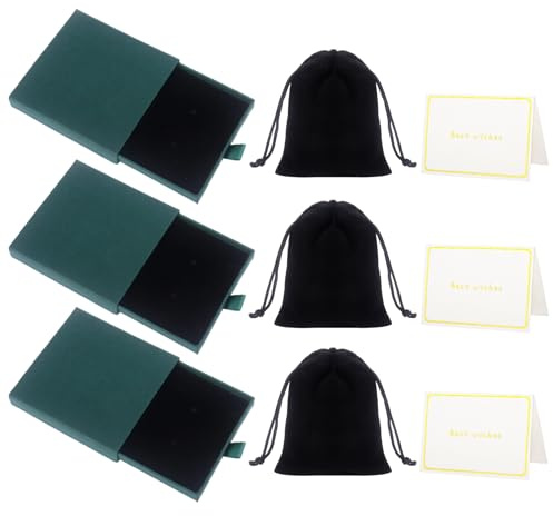 Nideen 3Pcs Jewellery Gift Box Set with 3Pcs Velvet Pouches & Cards 9× 9× 1.7 cm Small Gift Boxes for Bracelets, Earrings & Necklaces(Dark Green)