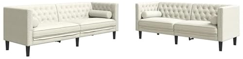 Eleganz 2-TLG. Chesterfield-Sofa-Set mit Nackenrollen – Futon-Garnitur in Creme Samt für Wohnzimmer & kleine Räume, bequem & stilvoll