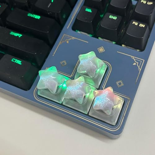 4Pcs Star Keycaps Cute, Clear Transparent Glitter Anime ESC WASD Arrow Shine Through Keyboard Caps for Cherry MX Gaming Mechanical Keyboard