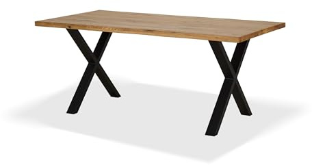 KHG Esszimmertisch Massivholz Eiche geölt mit X-Gestell Schwarz - 180 x 90 cm - für 6-8 Personen - moderner Esstisch mit stabilem Metallgestell, Küchentisch bis 100 kg belastbar