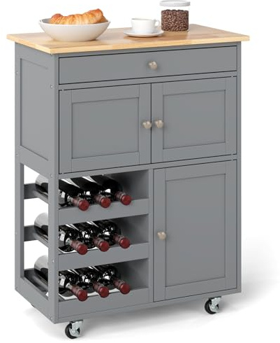 GOPLUS Carro Cocina con Estanterías, Mesa Bar con Botellero y 2 Armarios, Multifoncional Isla de Cocina con Ruedas de Goma y MDF, para Cocina, Sala de Estar, 67 x 37 x 86 cm (Gris)