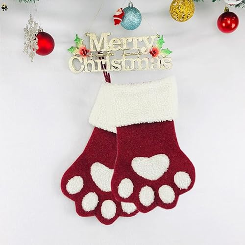 Generisch 2 Stück Hund Pfotenförmige Nikolausstrumpf Personalisiert, Weihnachtsstrumpf Hund Pfotenförmige zum Aufhängen, Nikolaus Socken Personalisiert Geeignet für Party Weihnachten Deko (Rot)