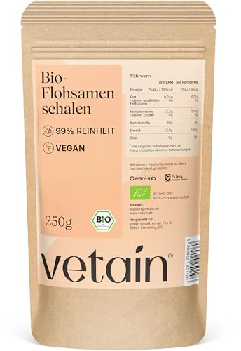 VETAIN Bio Flohsamenschalen - 99% Reinheit - 250g - Ballaststoffreich, vegan & glutenfrei - ohne unnötige Zusätze - Ideal zum Backen & Trinken - produziert in Deutschland