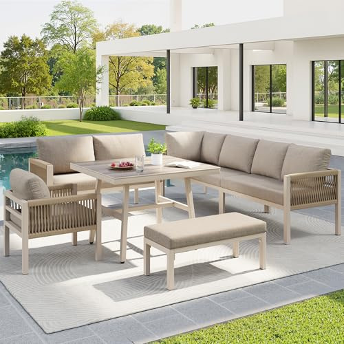 Moimhear Divano da giardino a forma di L intrecciato a mano, struttura in ferro con tappezzeria, include 1 tavolo con piano in vetro marmo e 2 poltrone, resistente alle intemperie (beige)