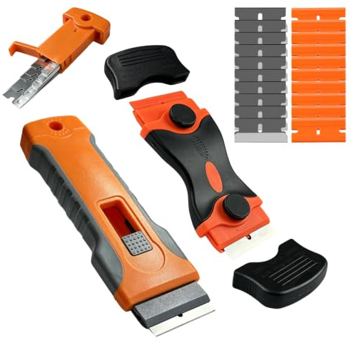 Glass Scraper, Includes 1 Window Scraper and 1 Oven Scraper | 2 Pcs Scraper Tool, Includes 10 metal blades + 10 Plastic Scraper, for cleaning hobs, windows and wallpaper