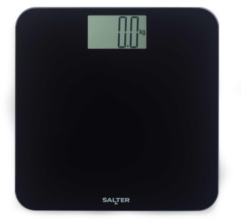 Salter Digital personvåg – Badrumsvåg med stor LCD-skärm, 180 kg, hög precision 0,1 kg, kroppsfettvåg, kompakt 6 mm glas, 31 x 31 cm, svart