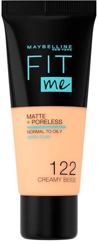 Maybelline Fit Me Foundation, Matte & Poreless, Full Coverage Blendable Normal to Oily Skin, 122 Creamy Beige 30ml