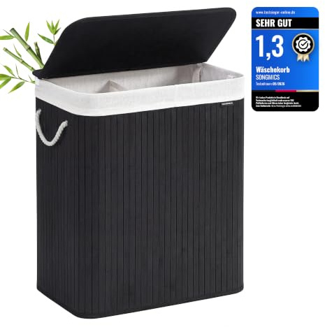 SONGMICS Wäschekorb 2 Fächer, 100 L Wäschesammler mit Deckel, Wäschebox Bambus, mit Griffen, faltbar, Wäschesack herausnehmbar maschinenwaschbar, Waschküche, schwarz LCB64BK | Wäschesammler, mit Griffen, Wäschesack herausnehmbar maschinenwaschbar, Waschküche, schwarz, RONEX Kollektion LCB64BK