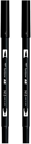 Tombow ABT-N15 fiberpenna dubbla borstar penna med två spetsar, svart (2-pack)