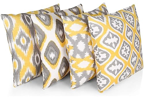 Penguin Home 4Er - Pack Dekorative Quadratische Kissen Aus Baumwolle, Luxuriöse, Stilvolle Für Wohnzimmer, Sofa Schlafzimmer, Mit Unsichtbarem Reißverschluss, 45X45 cm (18 Inches), Gelb/Weiß/Grau