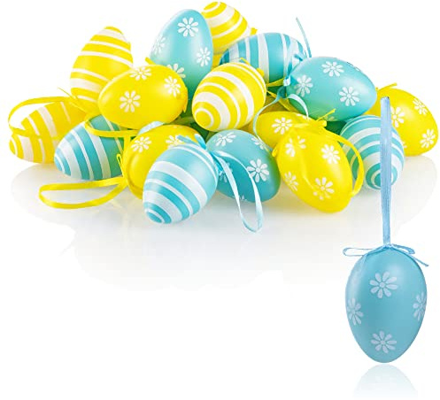 COM-FOUR® 24x påskägg i ljusa färger med band för upphängning - dekoration till påsk med olika motiv - 6 cm
