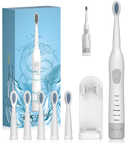 Spazzolino elettrico Sonic per uomo e donna, spazzolino intelligente ricaricabile per adulti, spazzolino elettrico con promemoria di 30 secondi, 2 minuti Timer, 6 modalità, 6 testine, 40000 impulsi