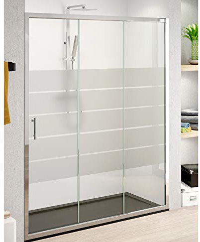 Mampara de Ducha FRONTAL Corredera 3 Hojas Monza– 1 Fijo y 2 Puertas Correderas Serigrafía – Altura 1,90 Metros y Cristal Templado 5mm Espesor 150 cm (Adaptable de 146 a 150cm)