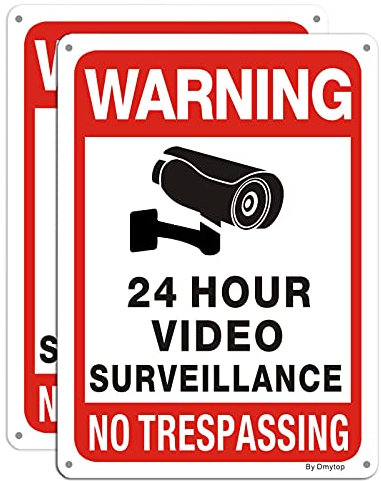 24-Hours CCTV Video Surveillance No Trespassing Warning Sign, 2 Pack 25x18cm Metal Warning Sign for House&Yard, Pre-Drilled Holes for Easy Mounting, Rust-Free/Fade Resistance Aluminium