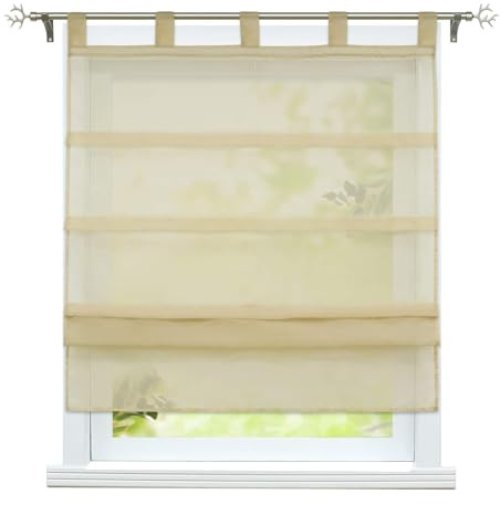 ESLIR Raffrollo mit Schlaufen Gardinen Küche Voile Raffgardinen Transparent Schlaufenrollo Modern Vorhänge Uni 1 Stück Sand BxH 80x140cm 1 Stück