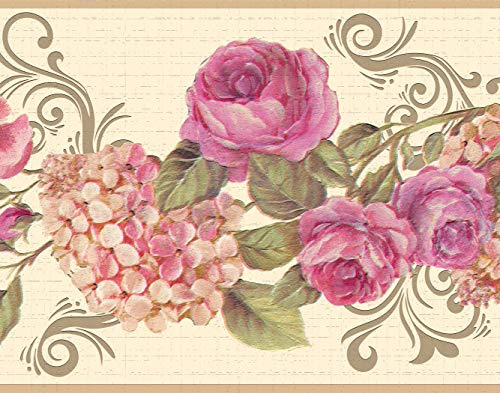 Dundee Deco DDAZBD9065 Tapetenbordüre zum Abziehen und Aufkleben, Blumenmuster, Rosa, cremefarbene Rosen, Hortensia, Schriftrollen, Wandbordüre, Retro-Design, 4,57 m x 17,78 cm, selbstklebend
